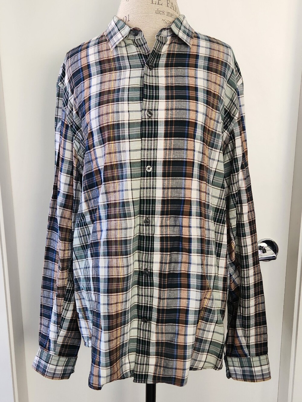 Plaid Cotton Linen Mens Shirt